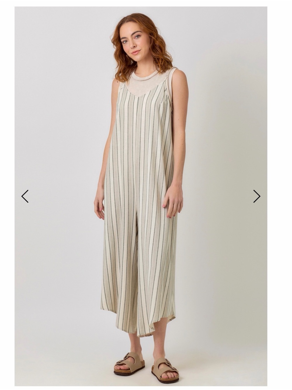 Mystree Oatmeal Cream Black Striped V-Neck Wide Leg Linen Jumpsuit NWT L